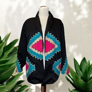 VICTOR CAMARENA Vtg Long Black Jacket Hand Embroidered Southwest Design Sz L